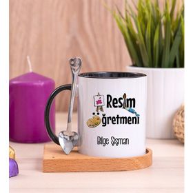 Hediye Dükkanı Kişiye Özel Resim Öğretmeni Ahşap Altlıklı Kaşıklı Siyah Kupa Bardak