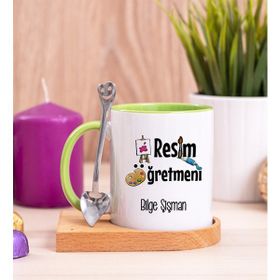 Hediye Dükkanı Kişiye Özel Resim Öğretmeni Ahşap Altlıklı Kaşıklı Yeşil Kupa