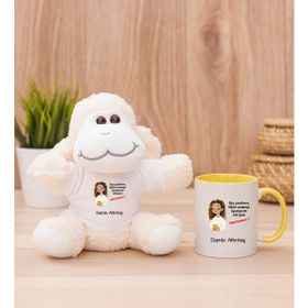 Hediye Dükkanı Kişiye Özel Ruh Eşimi Nasıl Bulayım Esprili Sarı Kupa Bardak ve Peluş Koyun