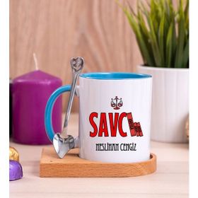 Hediye Dükkanı Kişiye Özel Savcı Ahşap Altlıklı Kaşıklı Mavi Kupa