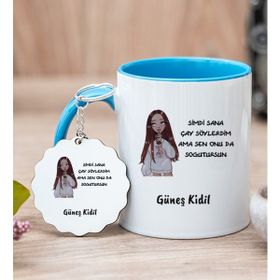 Hediye Dükkanı Kişiye Özel Sen Onu Da Soğutursun Esprili Mavi Kupa Bardak ve Anahtarlık
