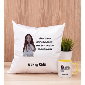 Hediye Dükkanı Kişiye Özel Sen Onu Da Soğutursun Esprili Sarı Kupa Bardak ve Kare Yastık