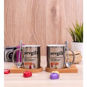 Hediye Dükkanı Kişiye Özel Sevgili Kelime Anlamı İkili Ahşap Altlıklı Silver Kupa Bardak