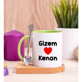 Hediye Dükkanı Kişiye Özel Sevgililere Özel Isim Yazılı Ahşap Altlıklı Kaşıklı Yeşil Kupa