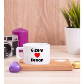 Hediye Dükkanı Kişiye Özel Sevgililere Özel İsim Yazılı Ahşap Altlıklı Mumlu Fincan