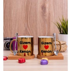 Hediye Dükkanı Kişiye Özel Sevgililere Özel İsim Yazılı Ikili Ahşap Altlıklı Gold Kupa Bardak