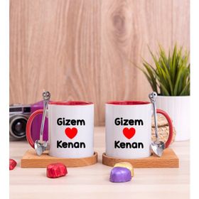 Hediye Dükkanı Kişiye Özel Sevgililere Özel Isim Yazılı Ikili Ahşap Altlıklı Kırmızı Kupa