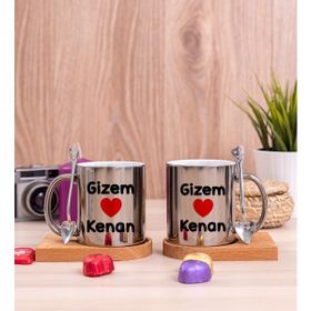 Hediye Dükkanı Kişiye Özel Sevgililere Özel İsim Yazılı İkili Ahşap Altlıklı Silver Kupa Bardak