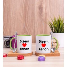 Hediye Dükkanı Kişiye Özel Sevgililere Özel Isim Yazılı Ikili Ahşap Altlıklı Yeşil Kupa