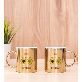 Hediye Dükkanı Kişiye Özel Sevimli Avokado Desenli İkili Gold Kupa Bardak