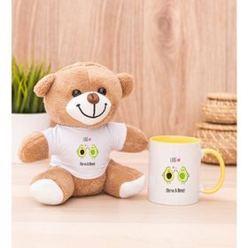 Hediye Dükkanı Kişiye Özel Sevimli Avokado Desenli Sarı Kupa Bardak ve Peluş Ayıcık
