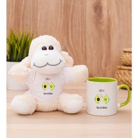 Hediye Dükkanı Kişiye Özel Sevimli Avokado Desenli Yeşil Kupa Bardak ve Peluş Koyun