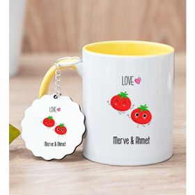 Hediye Dükkanı Kişiye Özel Sevimli Domatesler Sarı Kupa Bardak ve Anahtarlık