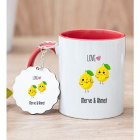 Hediye Dükkanı Kişiye Özel Sevimli Limonlar Kırmızı Kupa Bardak ve Anahtarlık