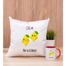 Hediye Dükkanı Kişiye Özel Sevimli Limonlar Kırmızı Kupa Bardak ve Kare Yastık