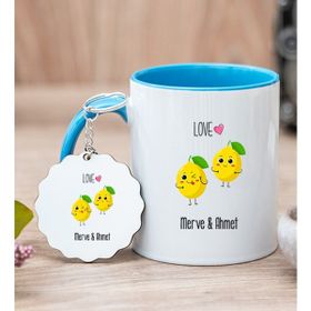 Hediye Dükkanı Kişiye Özel Sevimli Limonlar Mavi Kupa Bardak ve Anahtarlık