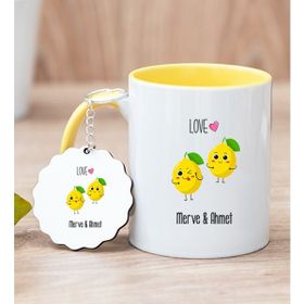 Hediye Dükkanı Kişiye Özel Sevimli Limonlar Sarı Kupa Bardak ve Anahtarlık