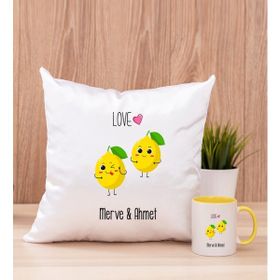 Hediye Dükkanı Kişiye Özel Sevimli Limonlar Sarı Kupa Bardak ve Kare Yastık