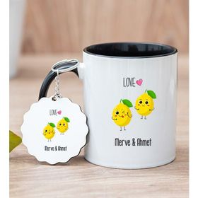 Hediye Dükkanı Kişiye Özel Sevimli Limonlar Siyah Kupa Bardak ve Anahtarlık Seti