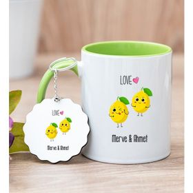 Hediye Dükkanı Kişiye Özel Sevimli Limonlar Yeşil Kupa Bardak ve Anahtarlık