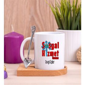 Hediye Dükkanı Kişiye Özel Sosyal Hizmet Uzmanı Ahşap Altlıklı Kaşıklı Beyaz Kupa Bardak