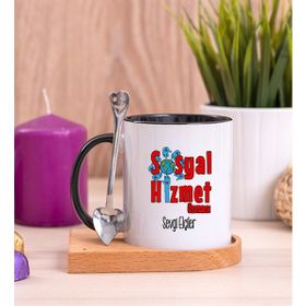 Hediye Dükkanı Kişiye Özel Sosyal Hizmet Uzmanı Ahşap Altlıklı Kaşıklı Siyah Kupa Bardak