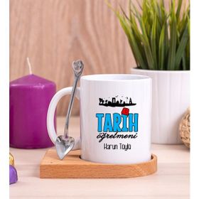 Hediye Dükkanı Kişiye Özel Tarih Öğretmeni Ahşap Altlıklı Kaşıklı Beyaz Kupa Bardak
