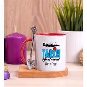 Hediye Dükkanı Kişiye Özel Tarih Öğretmeni Ahşap Altlıklı Kaşıklı Kırmızı Kupa