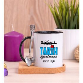 Hediye Dükkanı Kişiye Özel Tarih Öğretmeni Ahşap Altlıklı Kaşıklı Siyah Kupa Bardak
