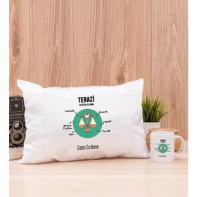 Hediye Dükkanı Kişiye Özel Terazi Burcuna Hediye Beyaz Kupa Bardak ve Dikdörtgen Yastık