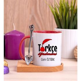 Hediye Dükkanı Kişiye Özel Türkçe Öğretmeni Ahşap Altlıklı Kaşıklı Kırmızı Kupa