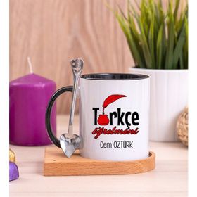 Hediye Dükkanı Kişiye Özel Türkçe Öğretmeni Ahşap Altlıklı Kaşıklı Siyah Kupa Bardak