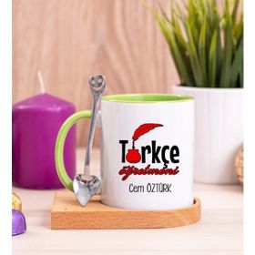 Hediye Dükkanı Kişiye Özel Türkçe Öğretmeni Ahşap Altlıklı Kaşıklı Yeşil Kupa