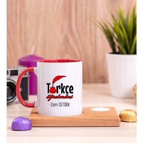 Hediye Dükkanı Kişiye Özel Türkçe Öğretmeni Ahşap Altlıklı Mumlu Kırmızı Kupa