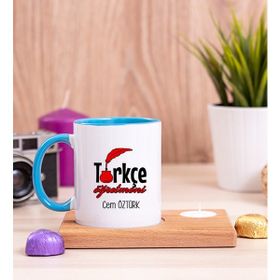 Hediye Dükkanı Kişiye Özel Türkçe Öğretmeni Ahşap Altlıklı Mumlu Mavi Kupa