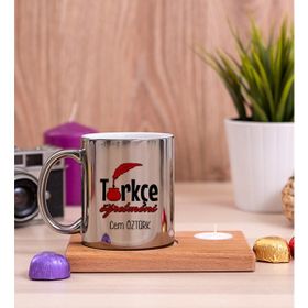 Hediye Dükkanı Kişiye Özel Türkçe Öğretmeni Ahşap Altlıklı Mumlu Silver Kupa Bardak