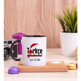 Hediye Dükkanı Kişiye Özel Türkçe Öğretmeni Ahşap Altlıklı Mumlu Siyah Kupa
