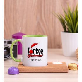 Hediye Dükkanı Kişiye Özel Türkçe Öğretmeni Ahşap Altlıklı Mumlu Yeşil Kupa