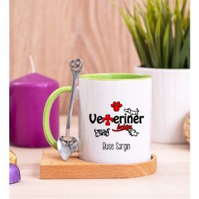 Hediye Dükkanı Kişiye Özel Veteriner Hekim Ahşap Altlıklı Kaşıklı Beyaz Kupa Bardak