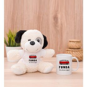 Hediye Dükkanı Kişiye Özel Vosvos Minibüs Tasarımlı Beyaz Kupa Bardak ve Peluş Köpek