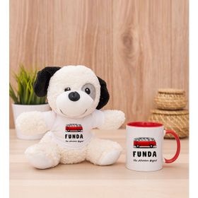 Hediye Dükkanı Kişiye Özel Vosvos Minibüs Tasarımlı Beyaz Kupa Bardak ve Peluş Köpek