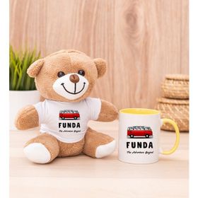 Hediye Dükkanı Kişiye Özel Vosvos Minibüs Tasarımlı Sarı Kupa Bardak ve Peluş Ayıcık