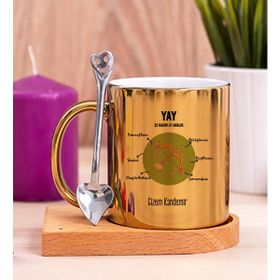 Hediye Dükkanı Kişiye Özel Yay Burcuna Hediye Ahşap Altlıklı Gold Kupa Bardak