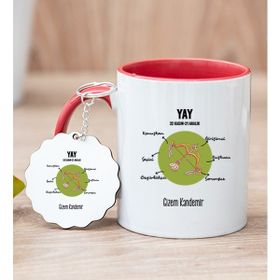 Hediye Dükkanı Kişiye Özel Yay Burcuna Hediye Kırmızı Kupa Bardak ve Anahtarlık