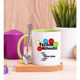 Hediye Dükkanı Kişiye Özel Yazılım Mühendisi Ahşap Altlıklı Kaşıklı Beyaz Kupa Bardak