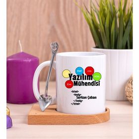Hediye Dükkanı Kişiye Özel Yazılım Mühendisi Ahşap Altlıklı Kaşıklı Beyaz Kupa Bardak