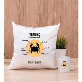 Hediye Dükkanı Kişiye Özel Yengeç Burcuna Hediye Beyaz Kupa Bardak ve Kare Yastık