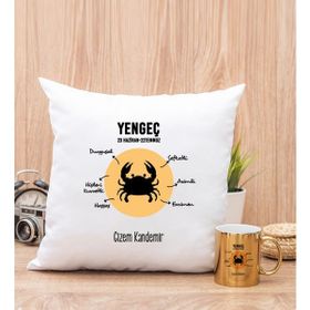 Hediye Dükkanı Kişiye Özel Yengeç Burcuna Hediye Gold Kupa Bardak ve Kare Yastık