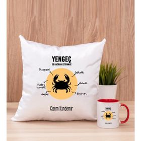 Hediye Dükkanı Kişiye Özel Yengeç Burcuna Hediye Kırmızı Kupa Bardak ve Kare Yastık