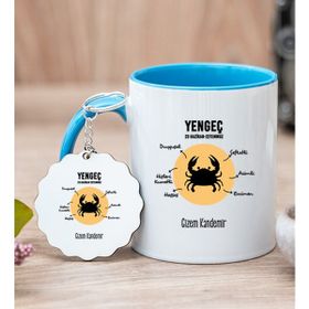 Hediye Dükkanı Kişiye Özel Yengeç Burcuna Hediye Mavi Kupa Bardak ve Anahtarlık